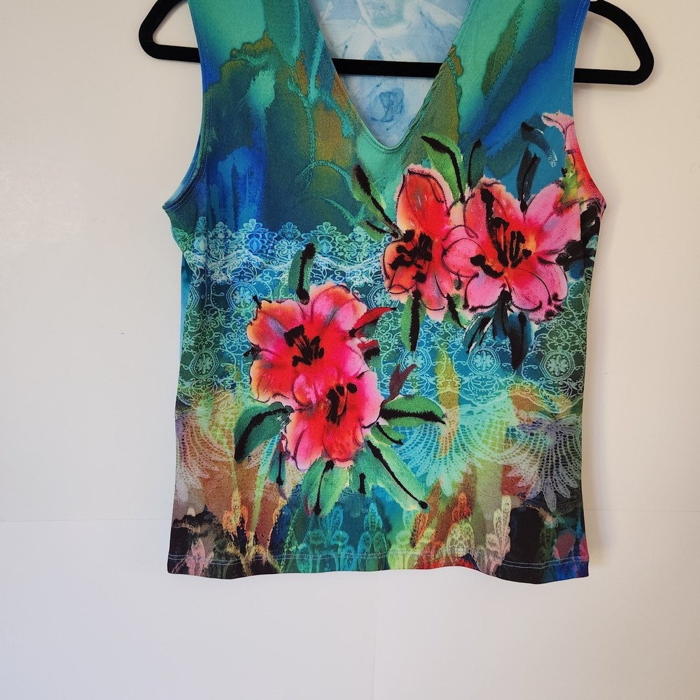 "Colorful Floral Sleeveless Bodycon Dress Abstract Print M Approx 17"" Pit to Pi - Picture 4 of 4